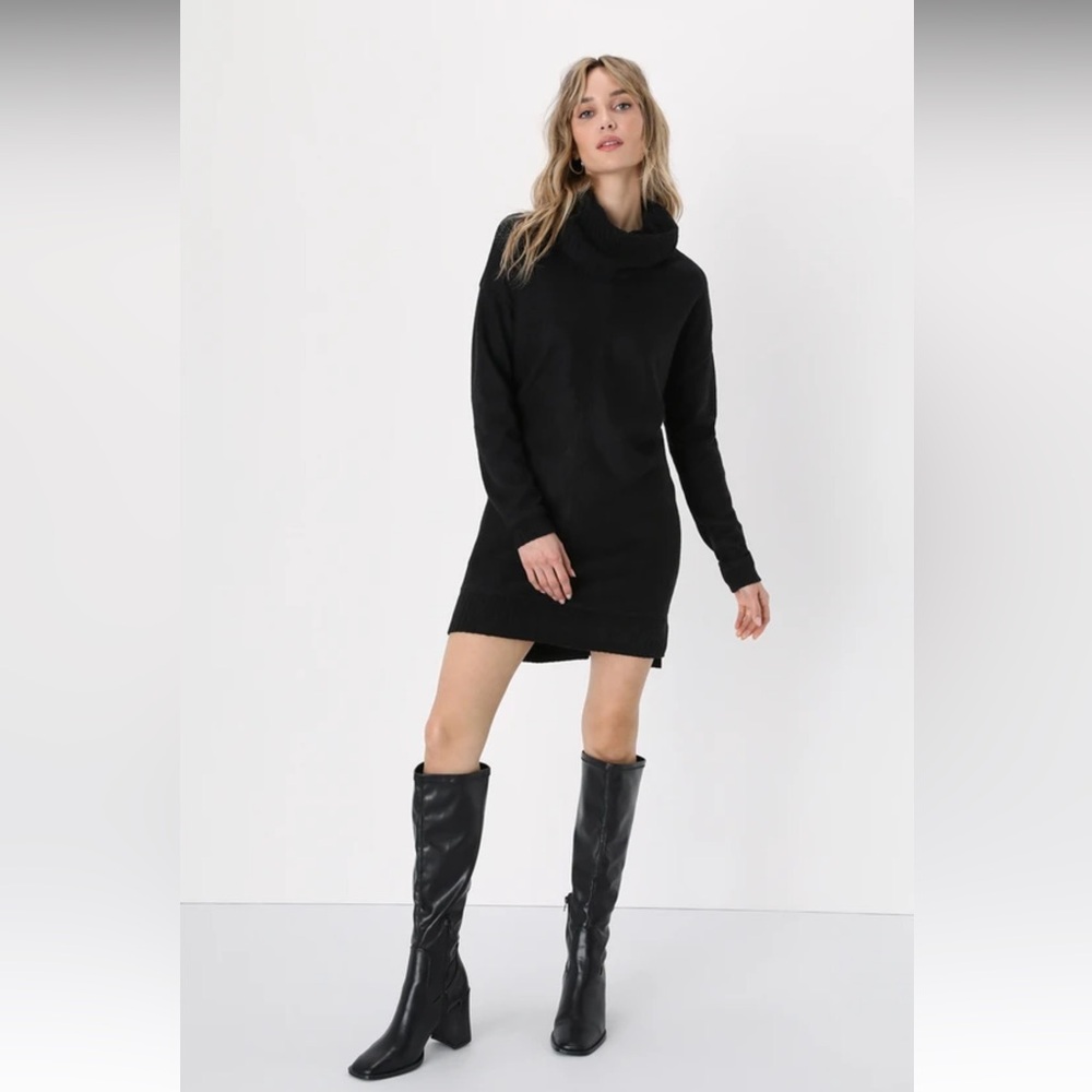 Lulus Autumn Daze Black Cowl Neck Long Sleeve Sweater Dress XS